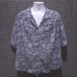 VTG Blue Geometric Hawaiian Shirt Mens 2X Oversized Cotton Gauze Short Sleeve